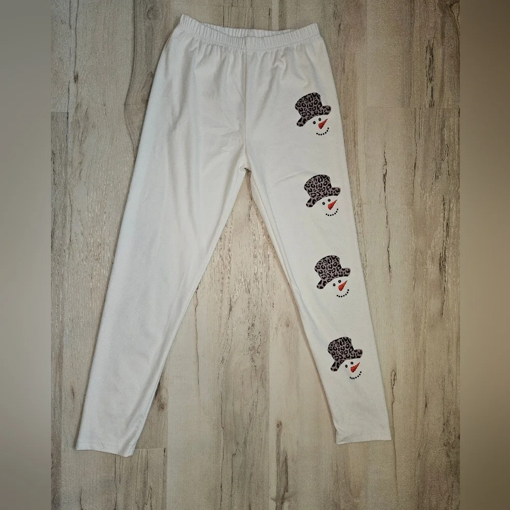 Snowman Print Fleece Lined Leggings Womens Med Winter Graphic Cozy Stretch Pants - Picture 4 of 9